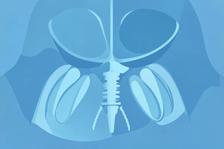 Radiografia 3D mostrando a estrutura óssea e um implante dentário em posição.
