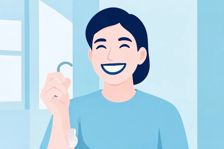 Pessoa sorrindo mostrando um dente com implante recém-realizado.