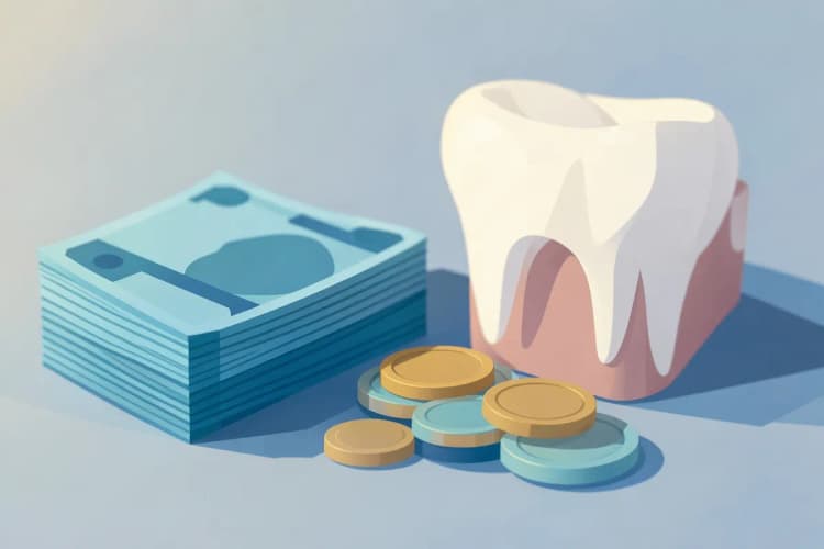 Cédulas de dinheiro empilhadas e moedas ao lado de um modelo de dente.