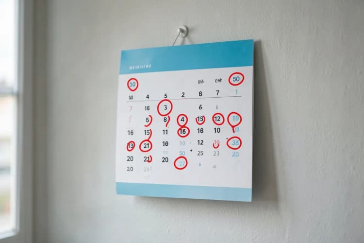 Calendário com marcações em dias específicos, simbolizando a duração do inchaço após um implante dentário.