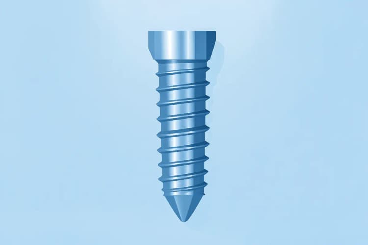 Close-up de um implante dentário sendo segurado por uma mão com luva cirúrgica.