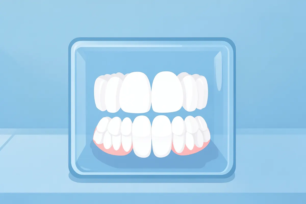 Vista de uma dentadura completa superior e inferior em um recipiente.