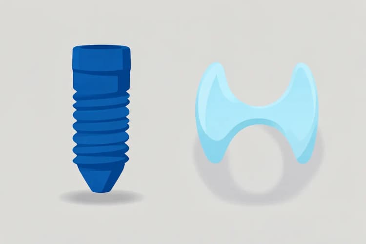 Comparação lado a lado de um implante dentário e uma dentadura.