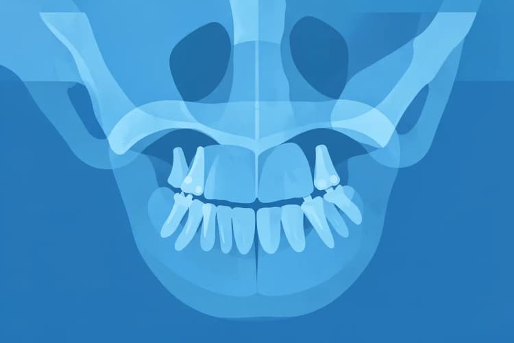 Radiografia mostrando implantes dentários integrados ao osso maxilar.