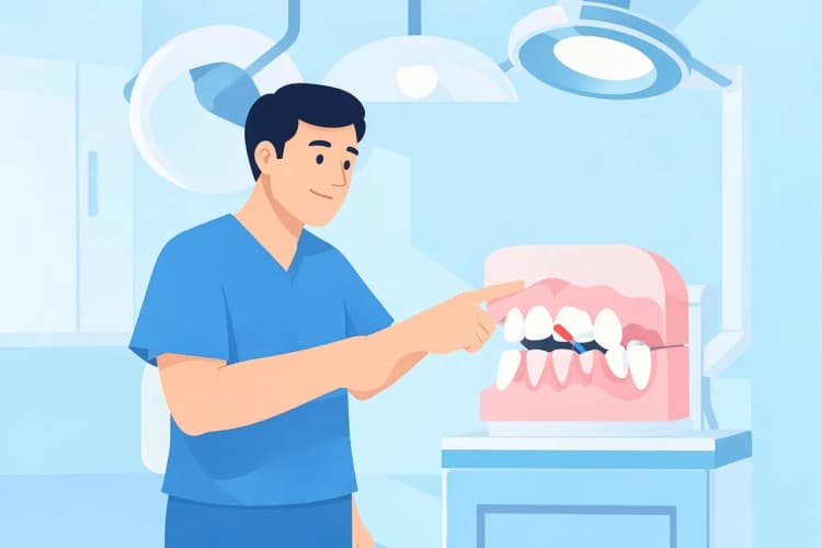 Cirurgião-dentista demonstrando o processo de colocação de implante em um modelo de gesso.