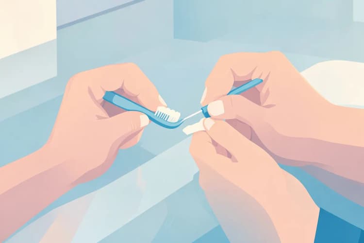 Pessoa escovando os dentes com prótese dentária e usando fio dental em implante.