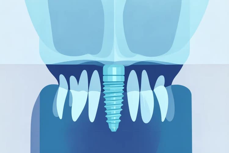 Radiografia mostrando a estrutura de um implante dentário em um maxilar