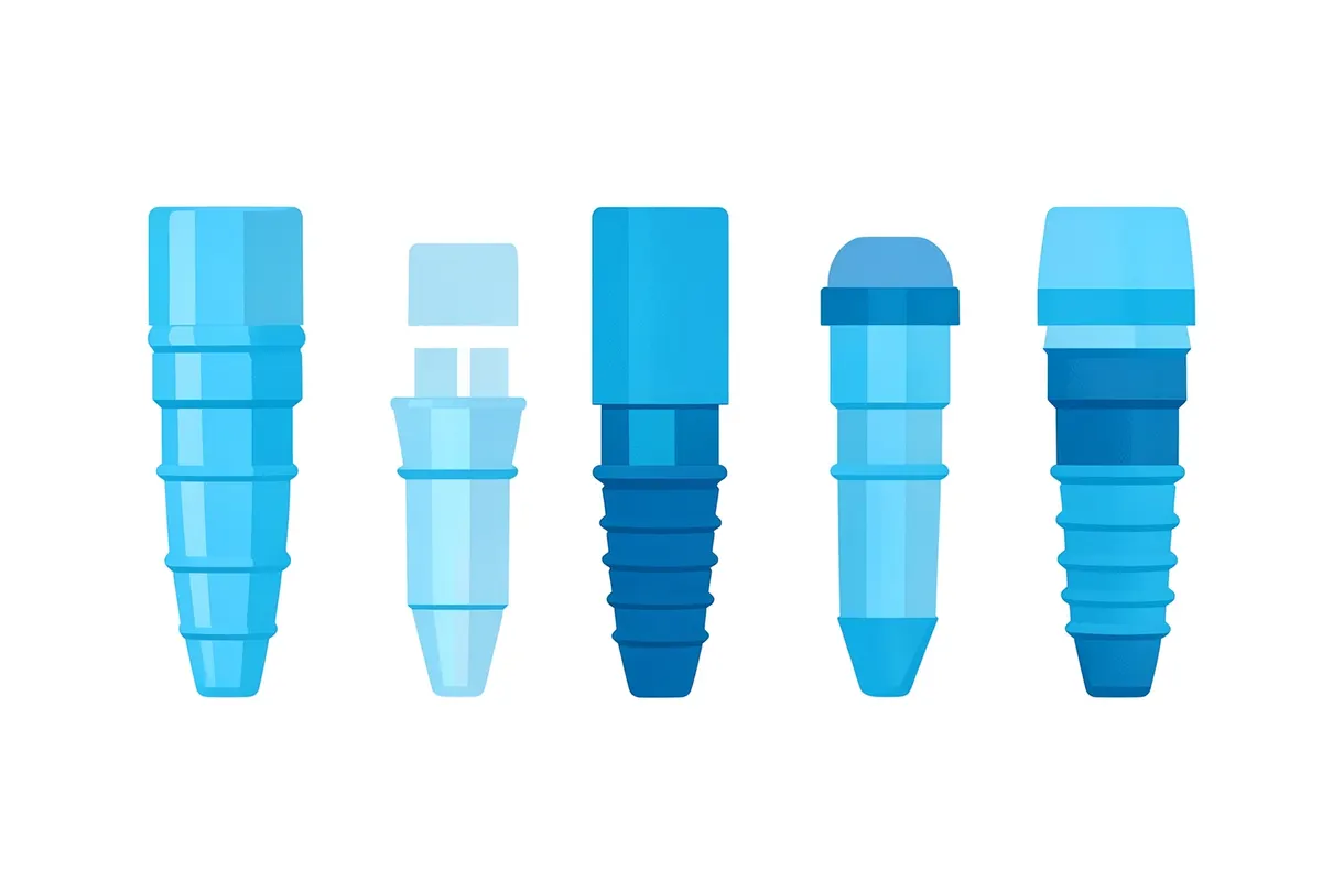 Diferentes tipos de implantes dentários lado a lado
