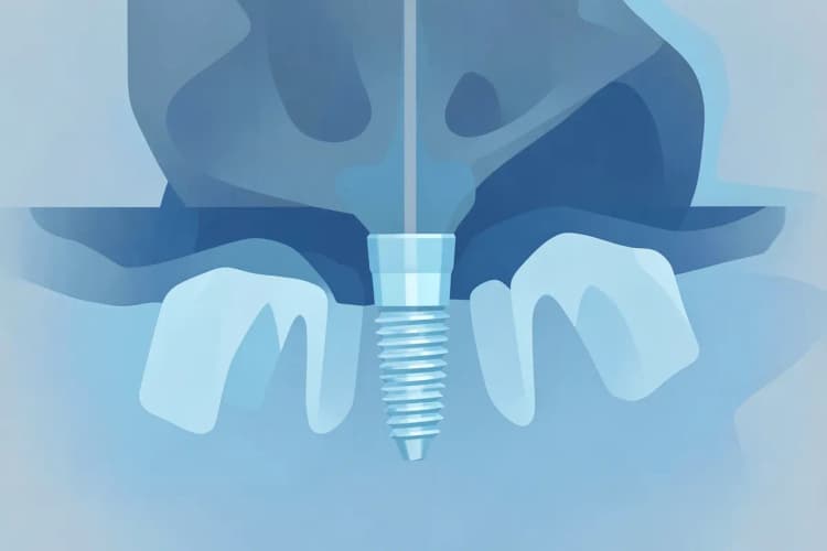Radiografia mostrando a estrutura de um implante dentário em um maxilar