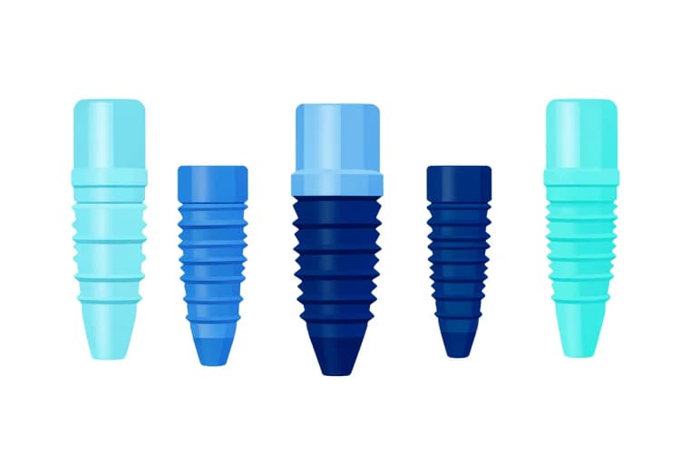Diferentes tipos de implantes dentários lado a lado