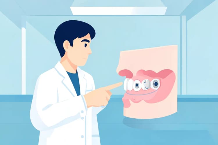 Odontologista examinando um modelo de maxilar com implantes
