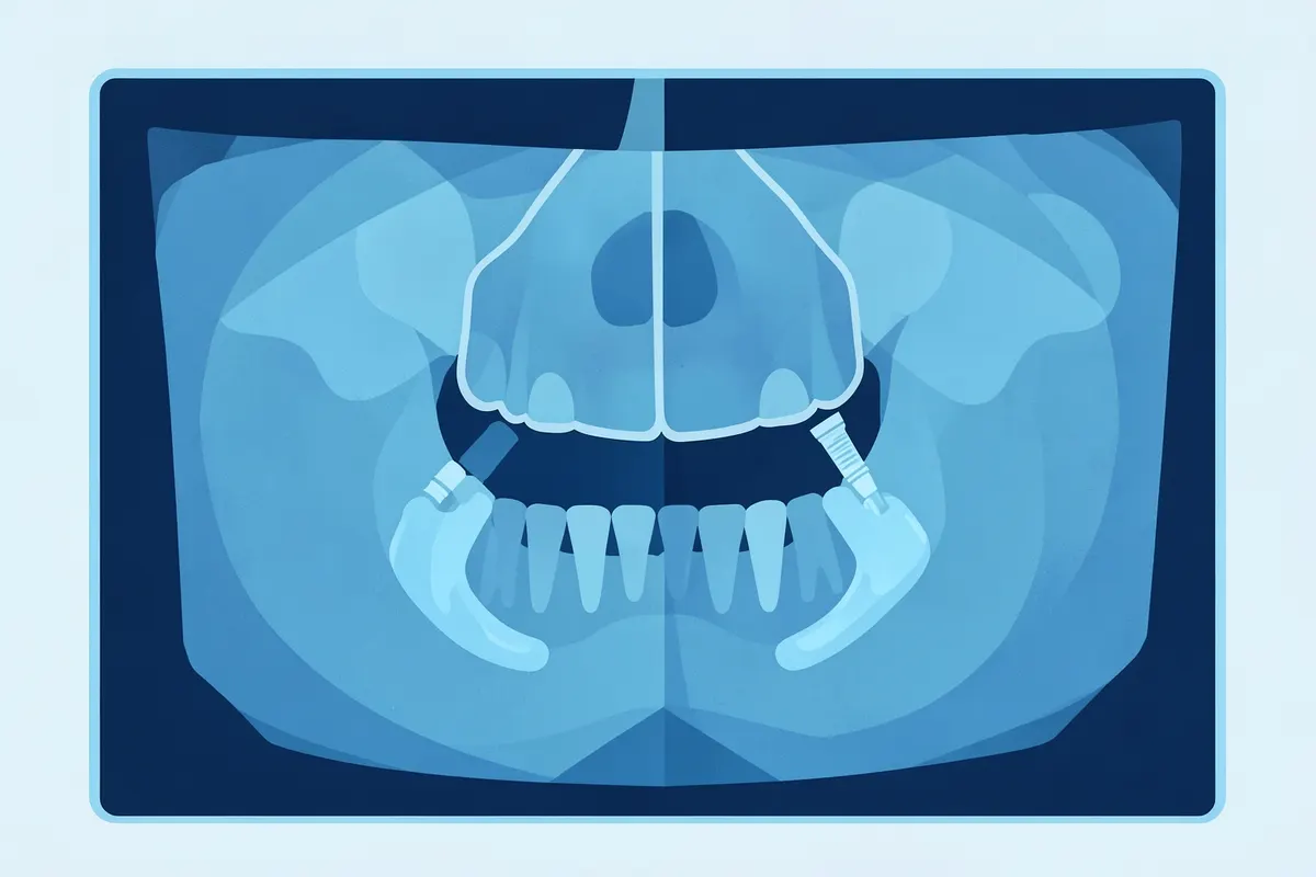 Radiografia panorâmica mostrando a estrutura óssea e a posição de implantes dentários.