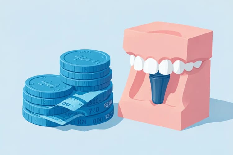 Moedas e notas de dinheiro empilhadas ao lado de um modelo de dente com implante.