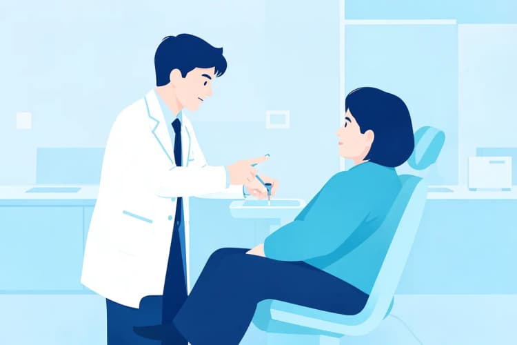 Odontologista explicando o procedimento de implante dentário para um paciente.
