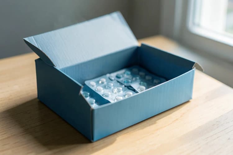 Caixa de comprimidos de antibiótico aberta, mostrando as doses diárias.